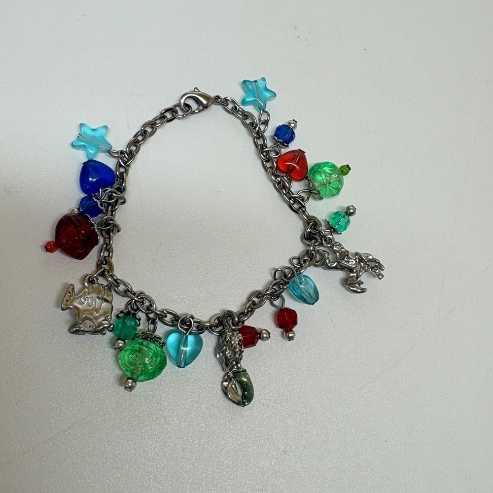 Silver Tone Nautical Charm Bracelet Mermaid Lobster Fish Colorful Beads 7in